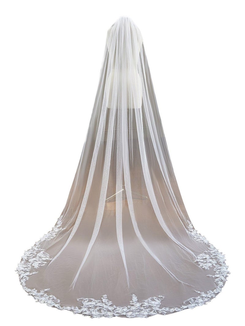 AiberLisha Cathedral Length Wedding Bridal Veil with Comb Lace Floral Off White - Image 1