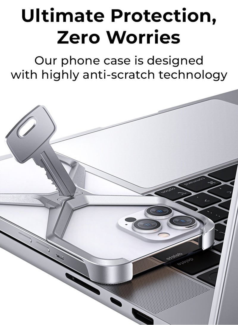 جلاسولوجي X Frame Borderless Aluminum Case for iPhone 16 Pro Max Silver Frameless Shockproof Heat Dissipating Lightweight Tool Included - Image 3