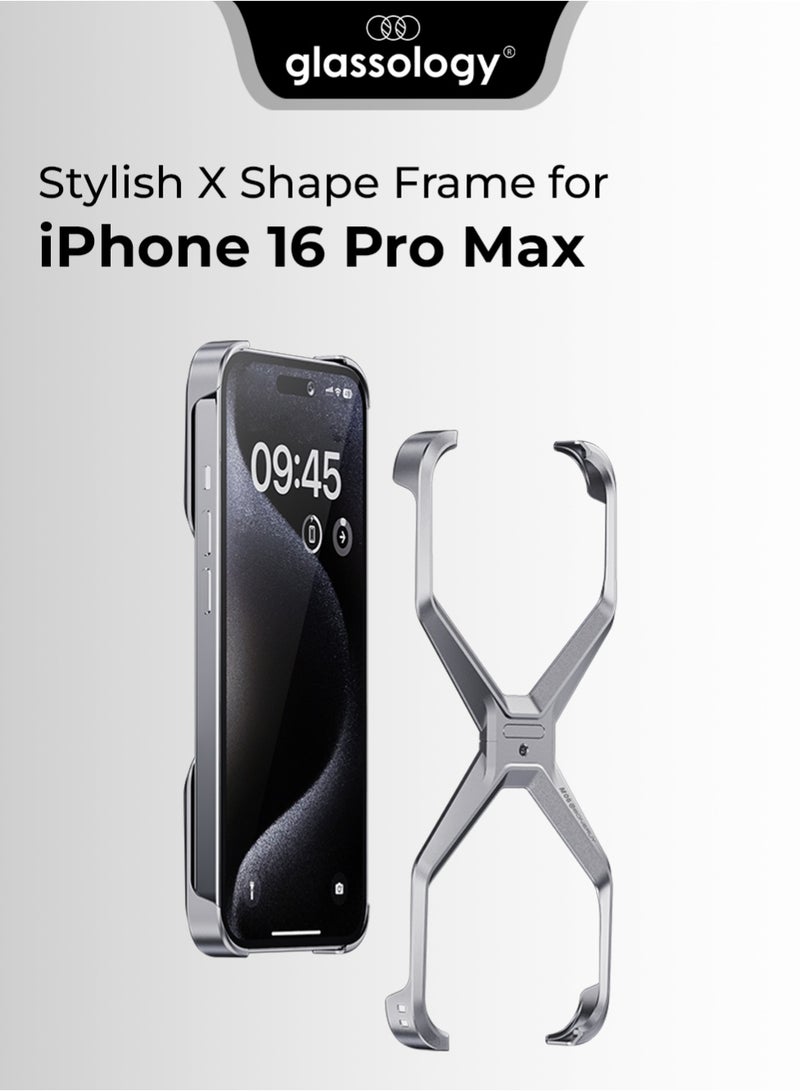 جلاسولوجي X Frame Borderless Aluminum Case for iPhone 16 Pro Max Silver Frameless Shockproof Heat Dissipating Lightweight Tool Included - Image 1