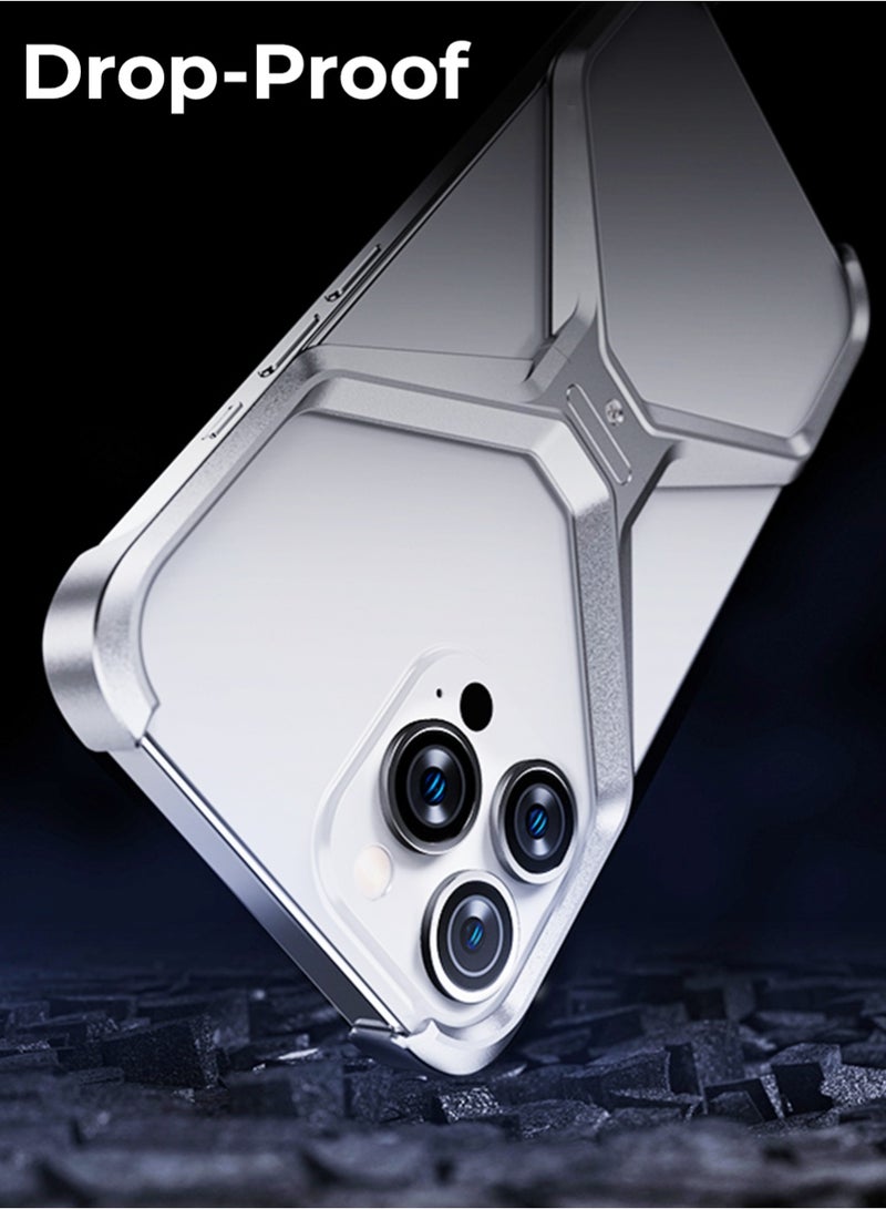 جلاسولوجي X Frame Borderless Aluminum Case for iPhone 16 Pro Max Silver Frameless Shockproof Heat Dissipating Lightweight Tool Included - Image 4