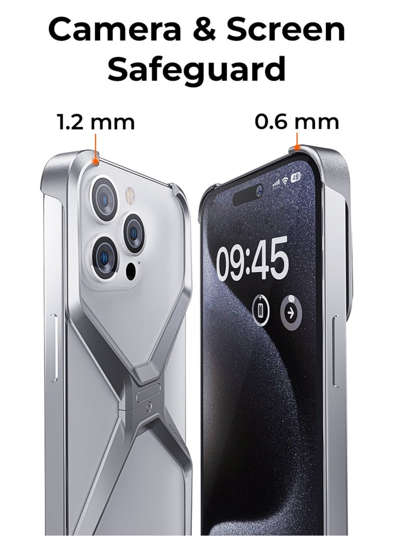 جلاسولوجي X Frame Borderless Aluminum Case for iPhone 16 Pro Max Silver Frameless Shockproof Heat Dissipating Lightweight Tool Included - Image 2