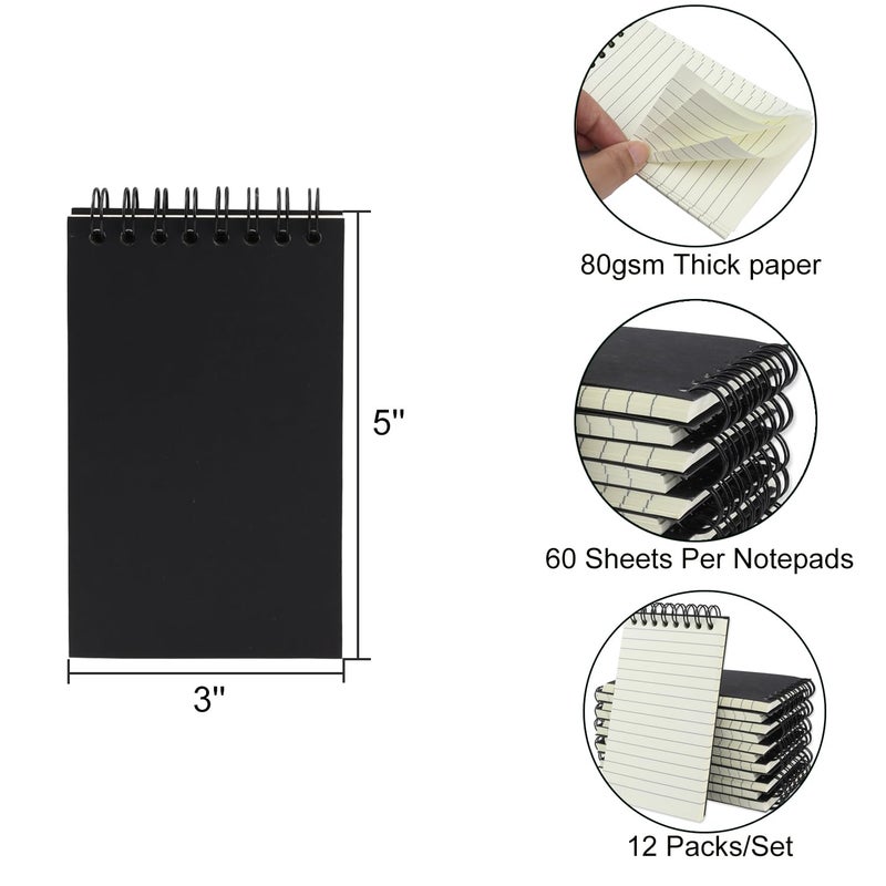 Aacehlh 12 Pack Pocket Notebooks, 3x5 Small Notepads, Mini Spiral Notebooks, 60 Sheets/120 Pages,Lined College Ruled Paper, Memo Pads for Home, Office, School or Travel (Black) - Image 2
