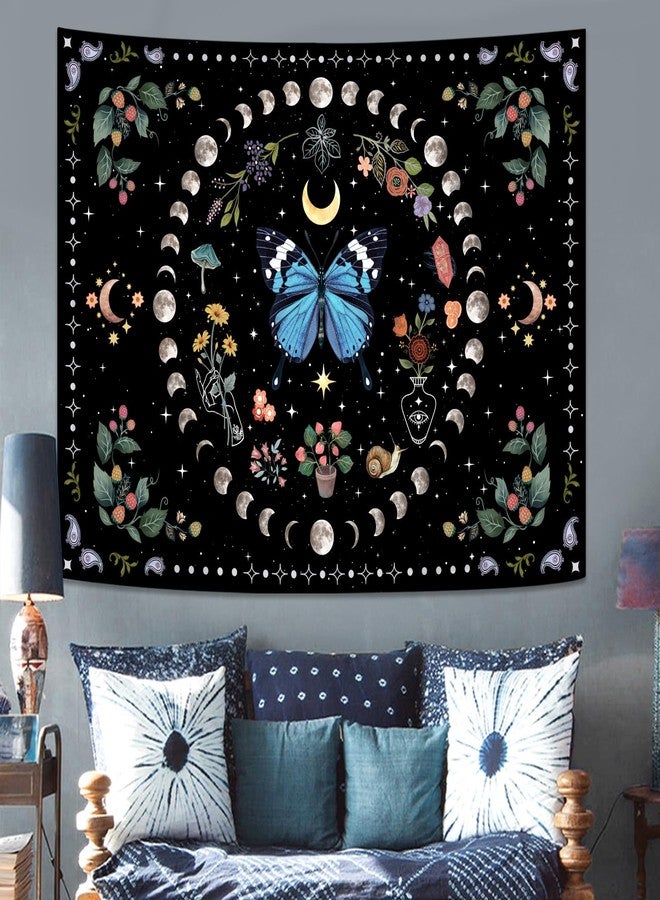 Aipon Blue Butterfly Moon Flower Tapestry Boho Floral Plant Botanical Tapestry for Bedroom Aesthetic Vintage Tapestries Wall Hanging for Living Room Dorm (Blue, 48'' × 36'') - Image 3