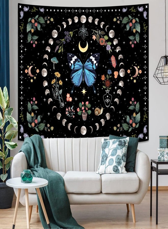 Aipon Blue Butterfly Moon Flower Tapestry Boho Floral Plant Botanical Tapestry for Bedroom Aesthetic Vintage Tapestries Wall Hanging for Living Room Dorm (Blue, 48'' × 36'') - Image 2