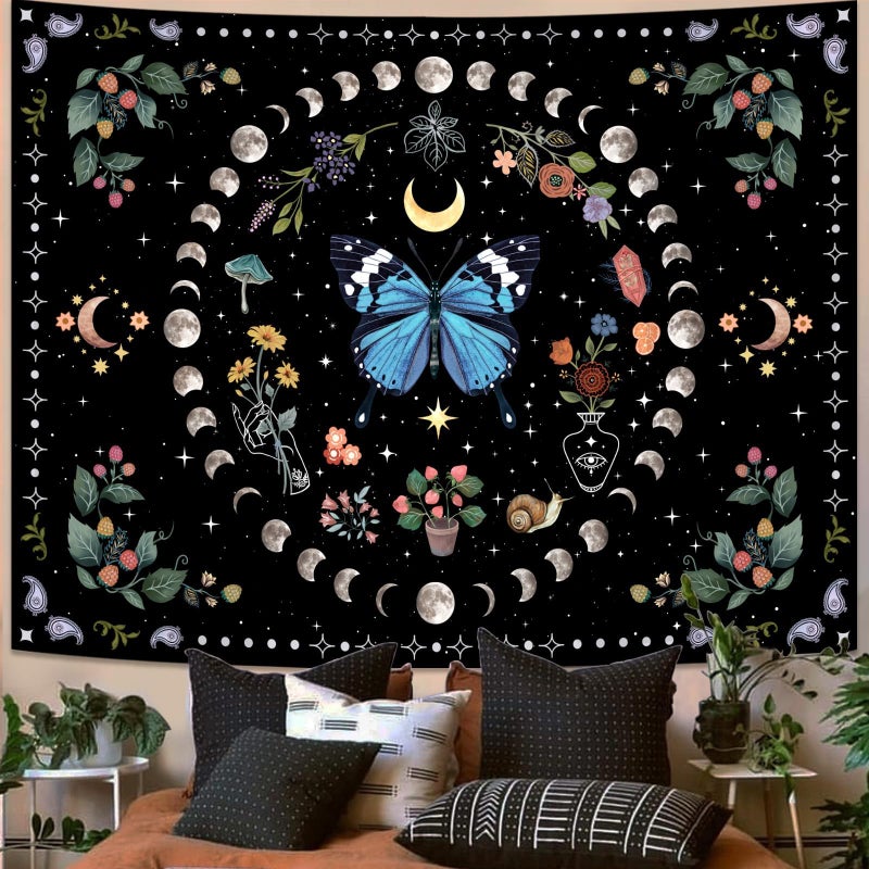 Aipon Blue Butterfly Moon Flower Tapestry Boho Floral Plant Botanical Tapestry for Bedroom Aesthetic Vintage Tapestries Wall Hanging for Living Room Dorm (Blue, 48'' × 36'') - Image 1