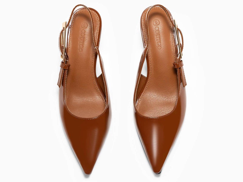 Coutgo Womens Slingback Kitten Heels Closed Pointed Toe Pumps Buckle Strap Wedding Party Dress Shoes, Brown, Size 9 - Image 5