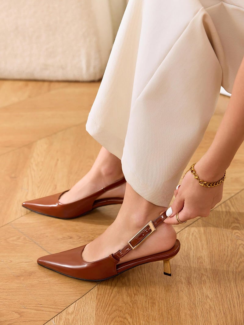 Coutgo Womens Slingback Kitten Heels Closed Pointed Toe Pumps Buckle Strap Wedding Party Dress Shoes, Brown, Size 9 - Image 3