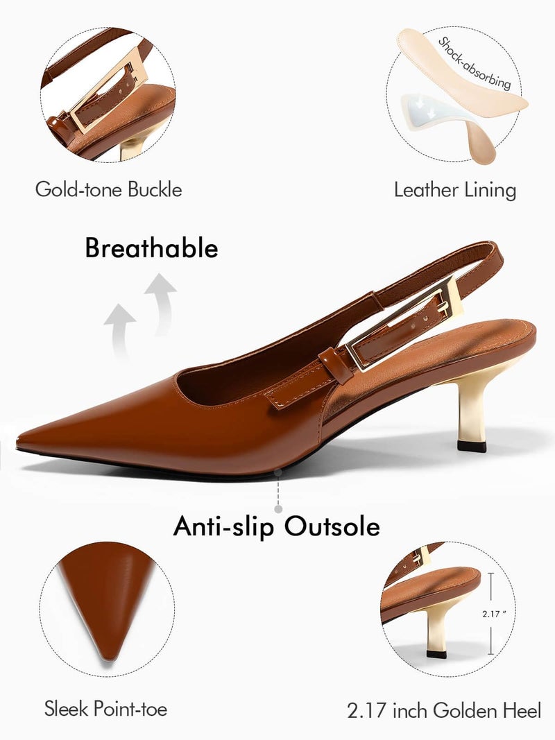 Coutgo Womens Slingback Kitten Heels Closed Pointed Toe Pumps Buckle Strap Wedding Party Dress Shoes, Brown, Size 9 - Image 4