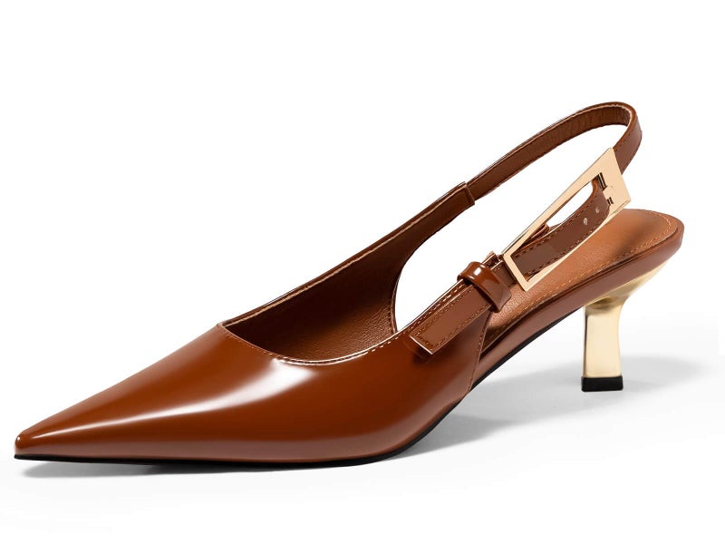 Coutgo Womens Slingback Kitten Heels Closed Pointed Toe Pumps Buckle Strap Wedding Party Dress Shoes, Brown, Size 9 - Image 1