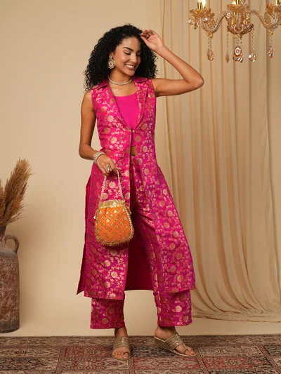 globus Women Woven Design Brocade Top With Trouser & Jacket