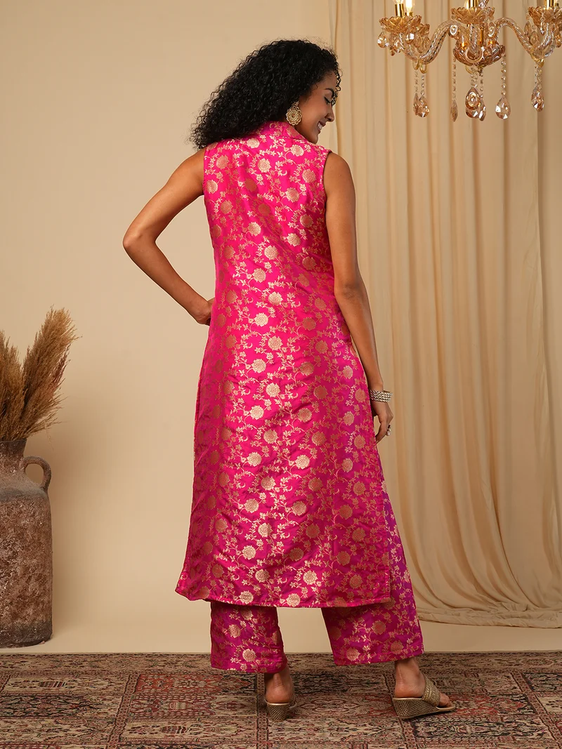 globus Women Woven Design Brocade Top With Trouser & Jacket