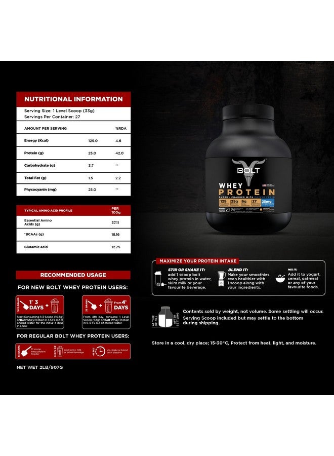 BOLT مسحوق بروتين مصل اللبن 100% | مع سوبر فود فيكوسيانين | 2Lb/907Gm (27 حصة) | شوكولاتة بيدمونت - Image 4
