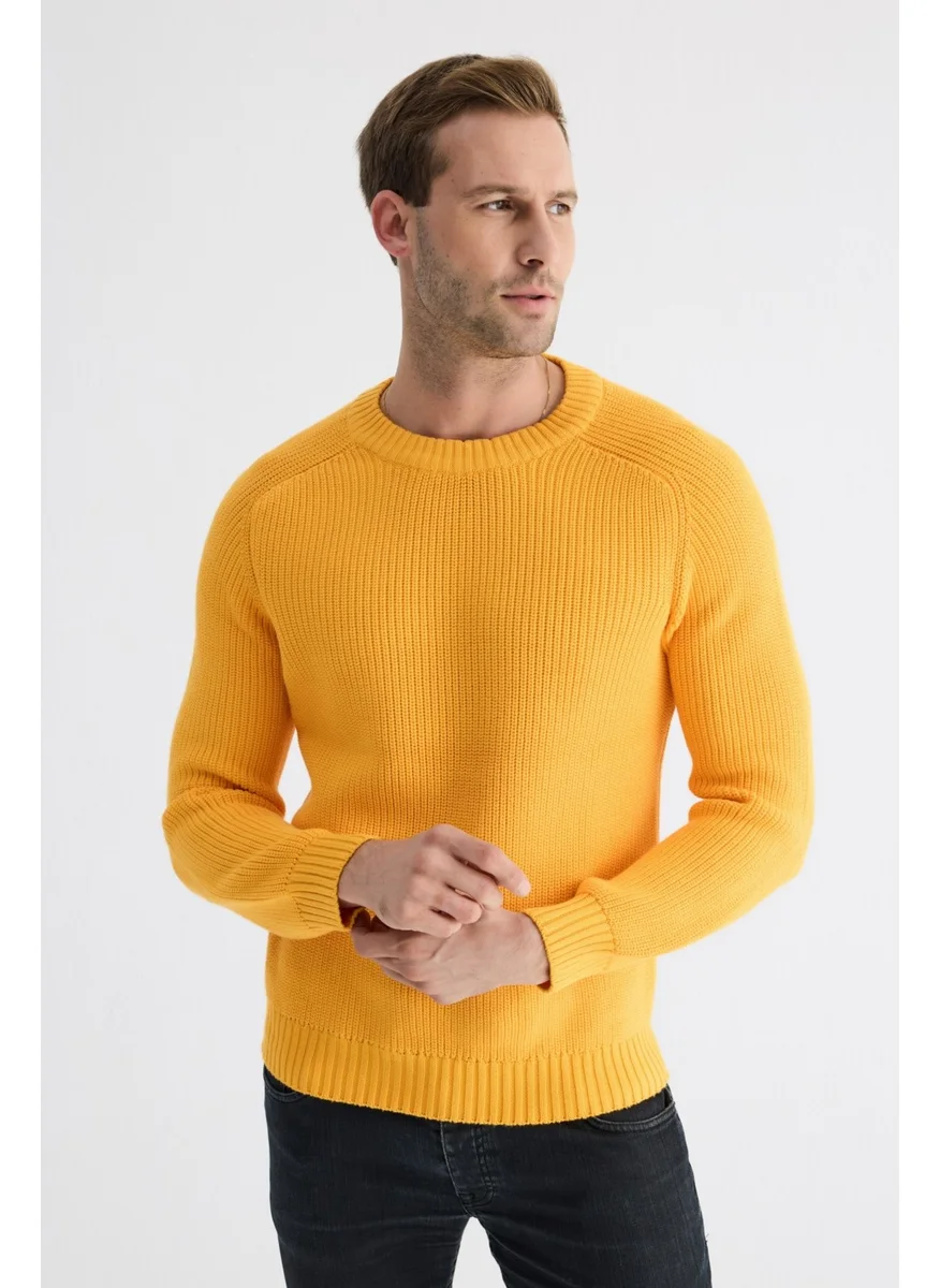 Odelon Men's Crew Neck Selanik Knitted Cotton Knitwear Sweater Yellow