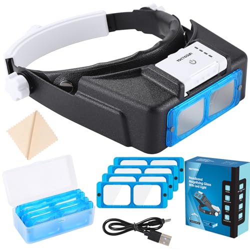 YOCTOSUN Magnifying Glasses with Light for Close Work Rechargeable Headband Magnifier with 4 Lenses 15X35X Hands Free Head Magnifying Visor for Hobby Jewelers Reading Crafts