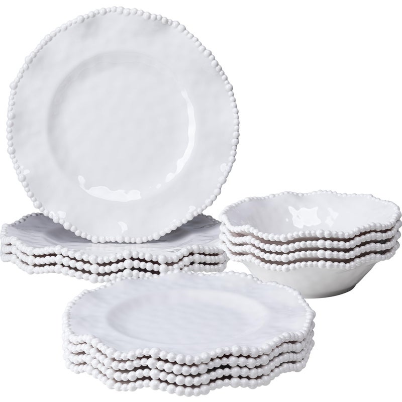 ZAROCRUS Cream 12pcs Beaded 100% Melamine Dinnerware Set, Elegant Scalloped Edge Durable & Shatterproof Outdoor Dining Set,Unbreakable Plates & Bowls Set for Indoor/Outdoor Use, Dishwasher Safe - Image 1