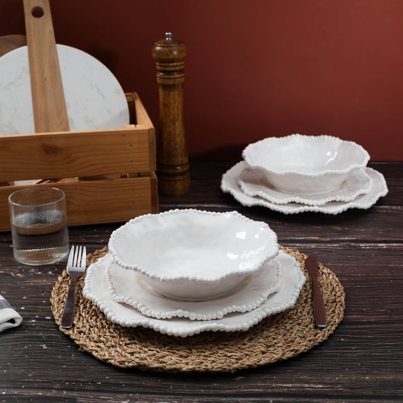 ZAROCRUS Cream 12pcs Beaded 100% Melamine Dinnerware Set, Elegant Scalloped Edge Durable & Shatterproof Outdoor Dining Set,Unbreakable Plates & Bowls Set for Indoor/Outdoor Use, Dishwasher Safe - Image 3