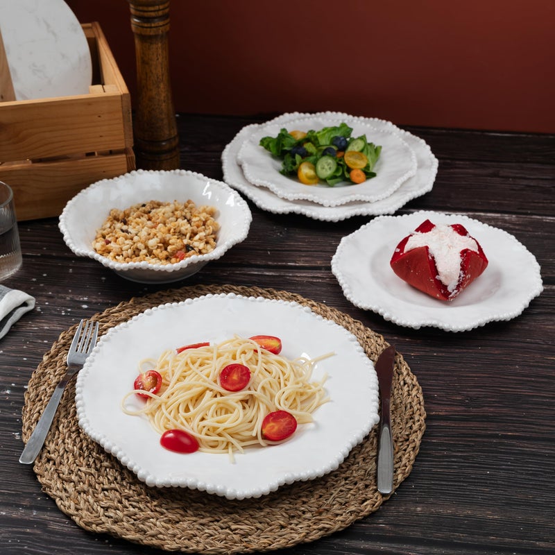 ZAROCRUS Cream 12pcs Beaded 100% Melamine Dinnerware Set, Elegant Scalloped Edge Durable & Shatterproof Outdoor Dining Set,Unbreakable Plates & Bowls Set for Indoor/Outdoor Use, Dishwasher Safe - Image 2