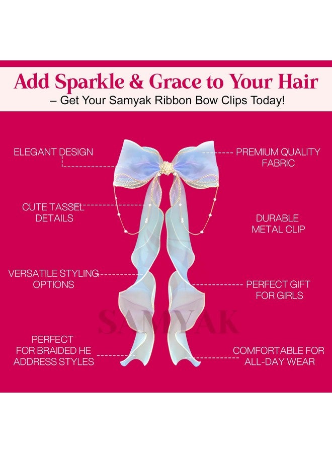 Samyak 2 Pcs Ribbon Hair Bow Clip For Kids Girls Women Cute Tassel Princess Fairy Hair Barrettes Clips| Hair Accessory Set | Braided Headdress For Children Pearl - Image 3