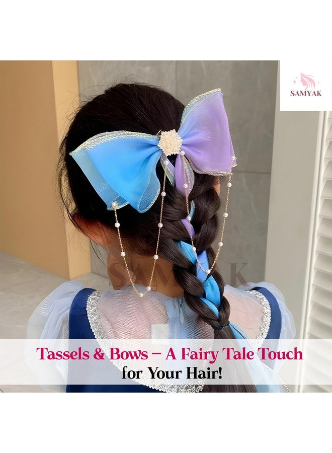Samyak 2 Pcs Ribbon Hair Bow Clip For Kids Girls Women Cute Tassel Princess Fairy Hair Barrettes Clips| Hair Accessory Set | Braided Headdress For Children Pearl - Image 5
