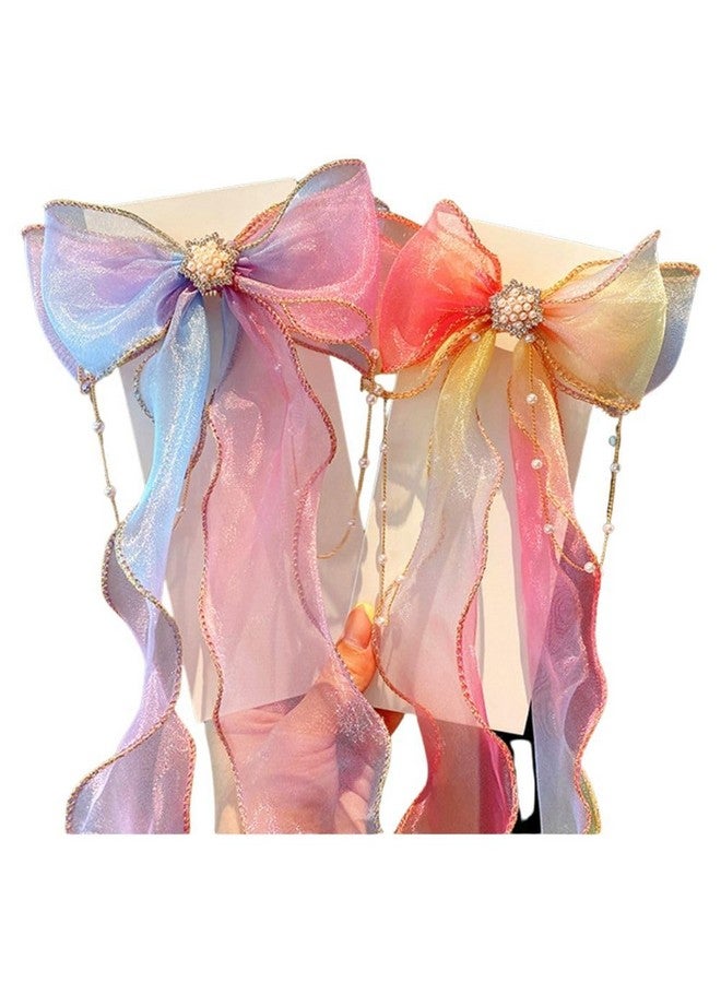 Samyak 2 Pcs Ribbon Hair Bow Clip For Kids Girls Women Cute Tassel Princess Fairy Hair Barrettes Clips| Hair Accessory Set | Braided Headdress For Children Pearl - Image 1