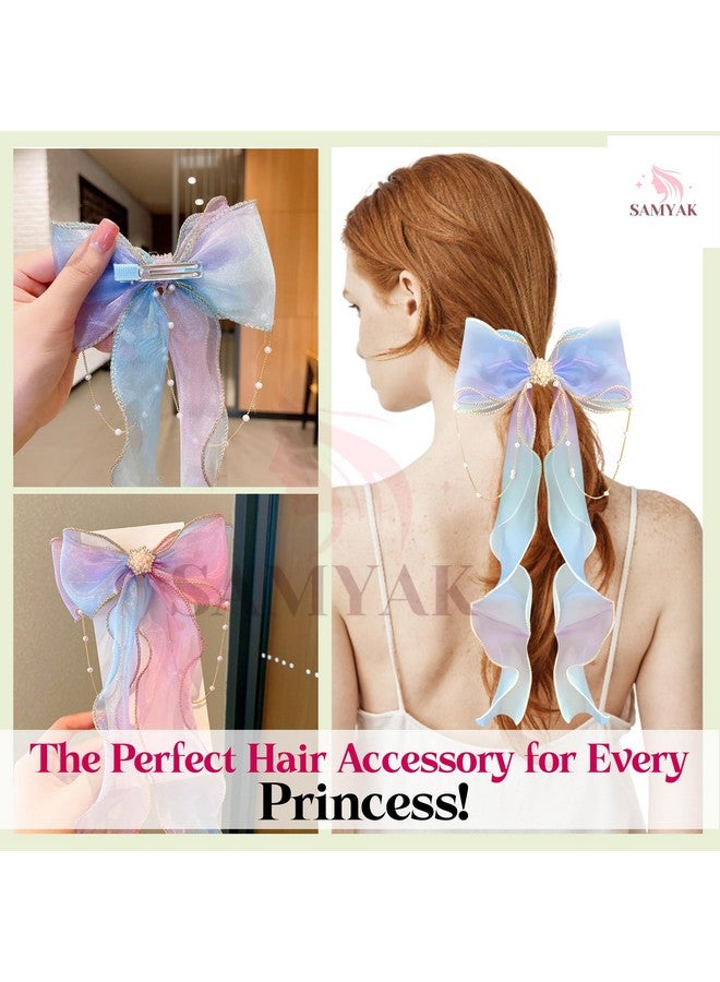 Samyak 2 Pcs Ribbon Hair Bow Clip For Kids Girls Women Cute Tassel Princess Fairy Hair Barrettes Clips| Hair Accessory Set | Braided Headdress For Children Pearl - Image 4
