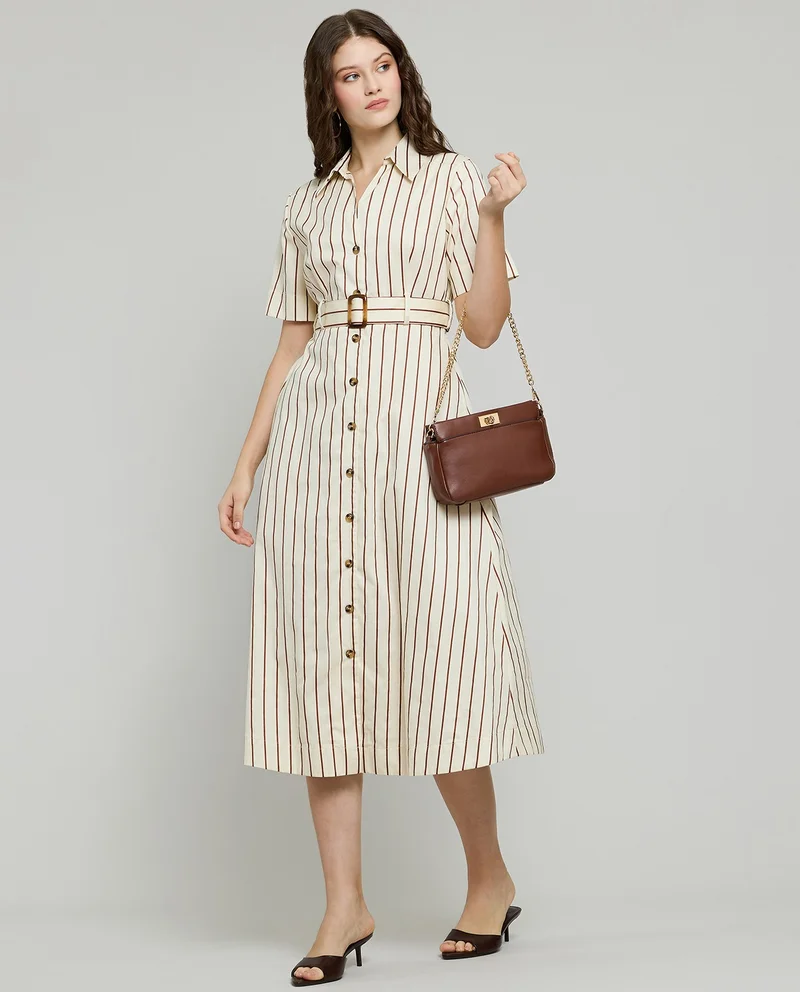 أر أند بي Striped Shirt Dress with Short Sleeves