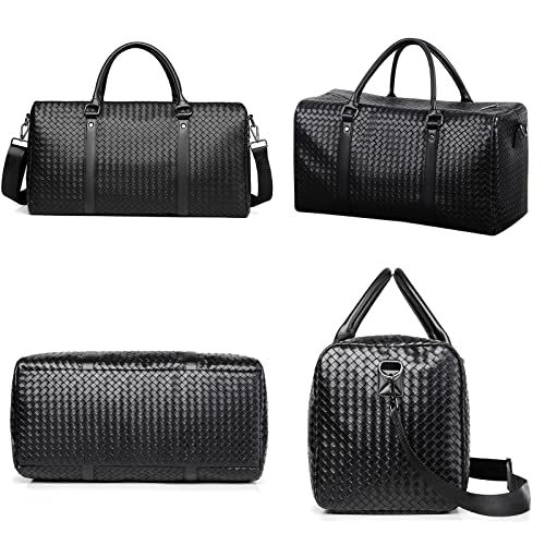 MCWTH Leather Travel Duffle Bag for Men, Woven Carry On Weekender Overnight Bags for Business Sports Gym (Black) - Image 2