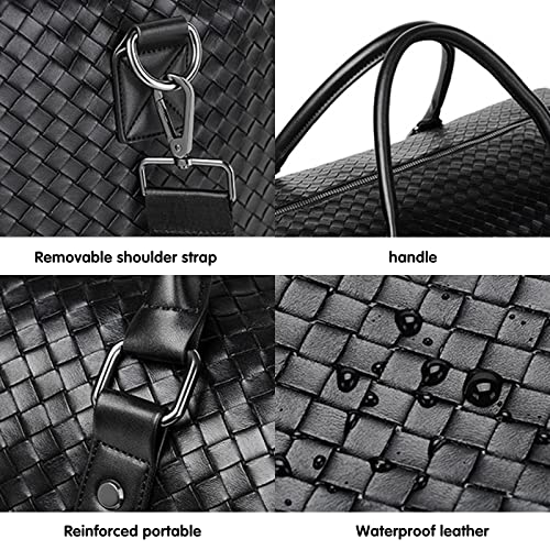 MCWTH Leather Travel Duffle Bag for Men, Woven Carry On Weekender Overnight Bags for Business Sports Gym (Black) - Image 4