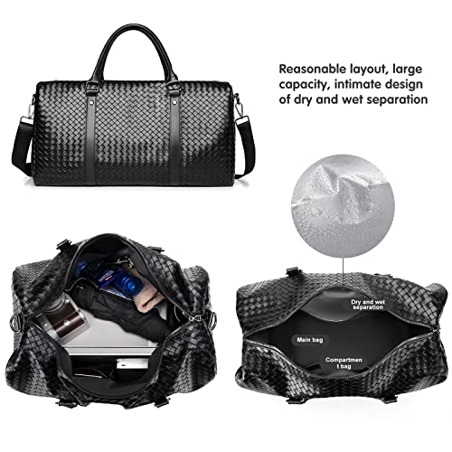 MCWTH Leather Travel Duffle Bag for Men, Woven Carry On Weekender Overnight Bags for Business Sports Gym (Black) - Image 3