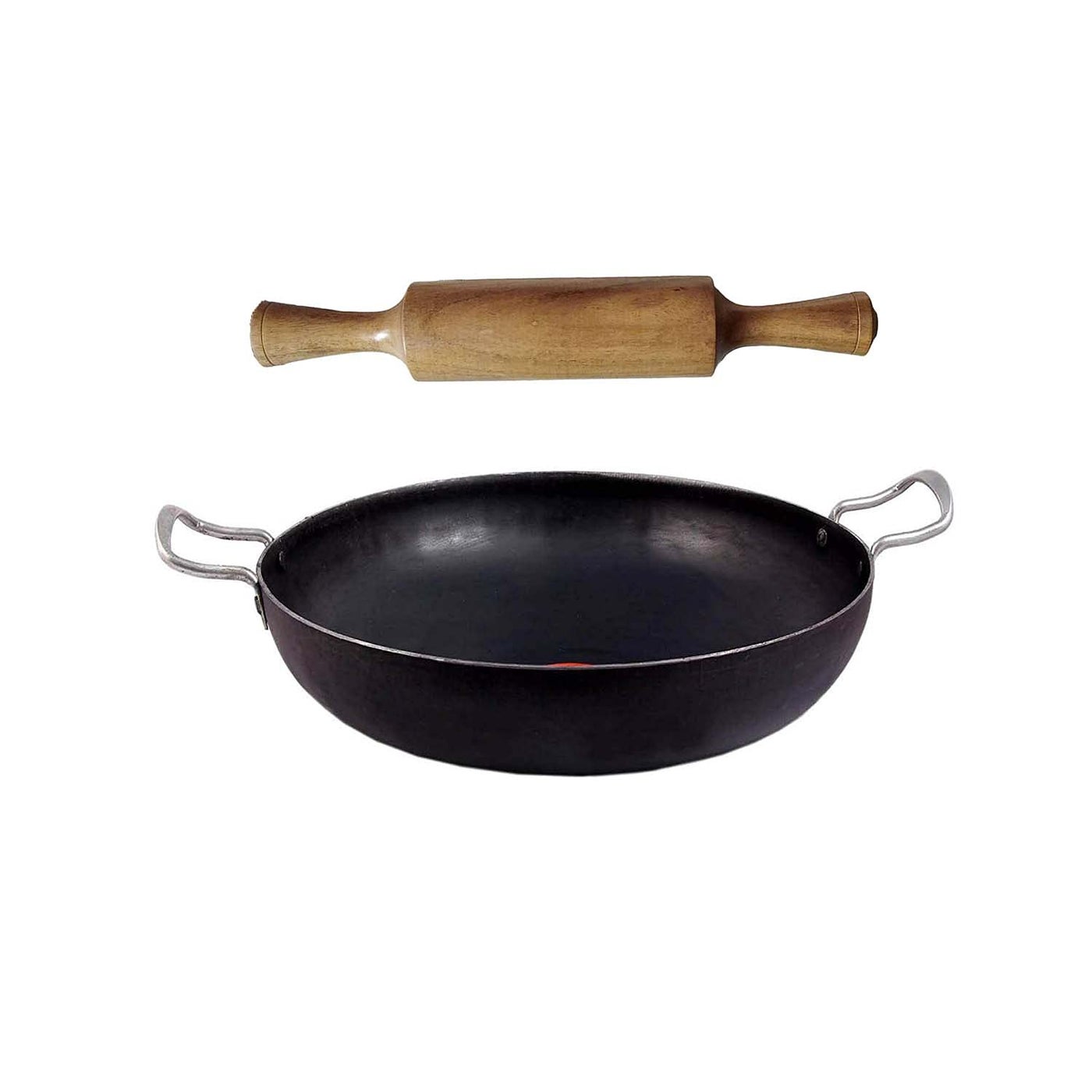 KITCHEN SHOPEE Traditional Iron deep Kadai Frying Pan Cooking Fry Kadhai Heavy Base Kadhai with Handle Multipurpose use Handmade Black Color 9 Inch 23 cm 2 Liter 1 PES belan Induction Friendly