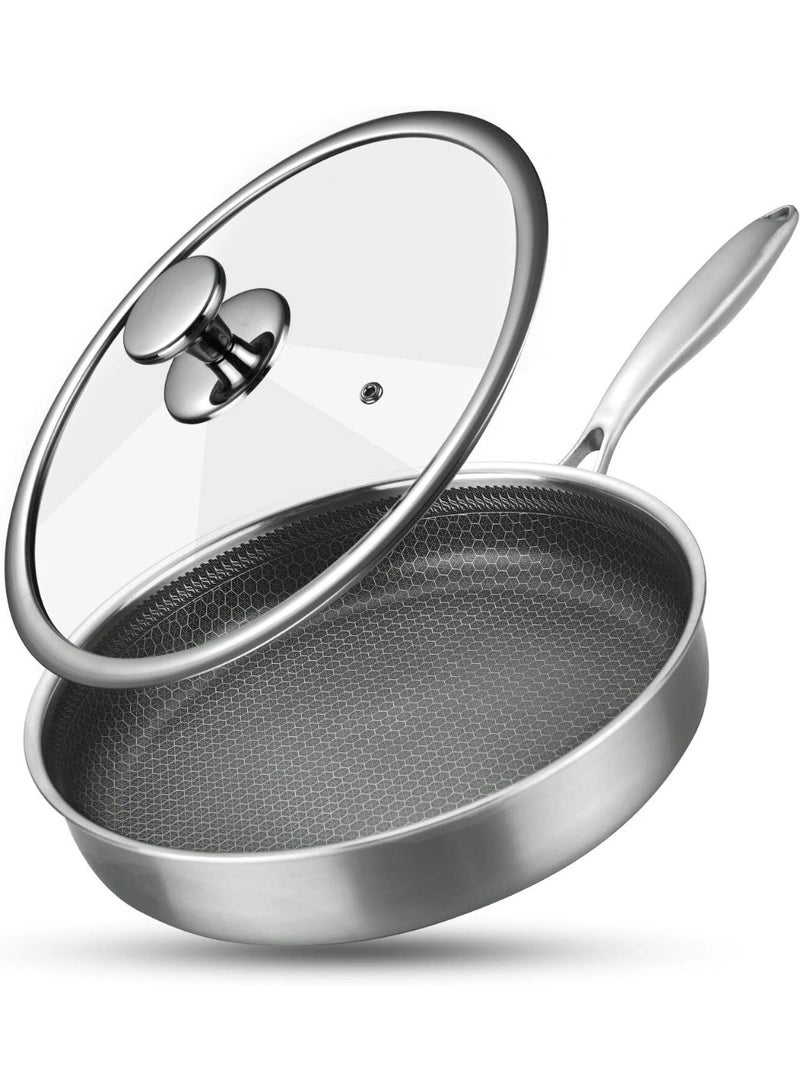 SYXUMLKLS مقلاة من الفولاذ المقاوم للصدأ مع غطاء، 28 سم، تقنية هجينة غير لاصقة، مقلاة مع غطاء ومقبض، خالية من PFOA (للطبخ بالحث/الغاز/الكهرباء) - Image 3