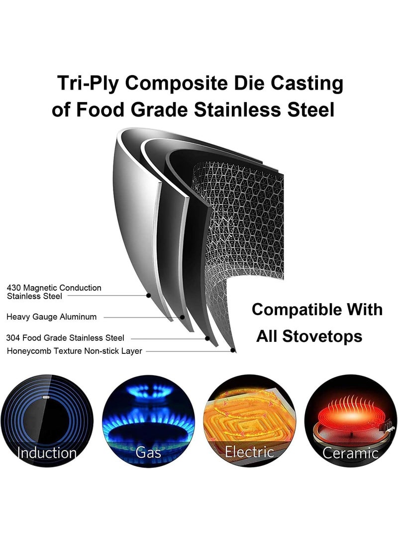 SYXUMLKLS مقلاة من الفولاذ المقاوم للصدأ مع غطاء، 28 سم، تقنية هجينة غير لاصقة، مقلاة مع غطاء ومقبض، خالية من PFOA (للطبخ بالحث/الغاز/الكهرباء) - Image 5
