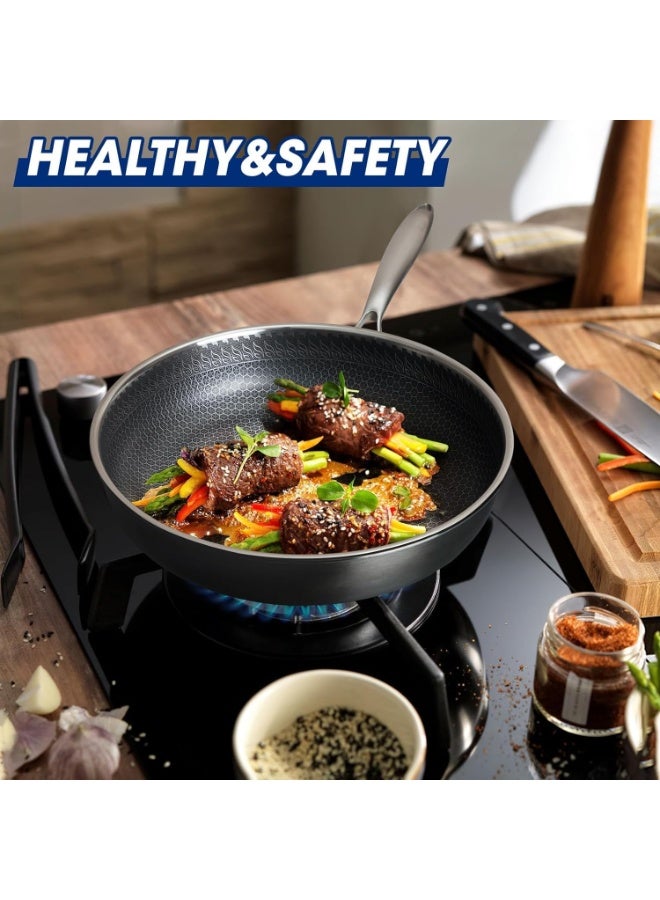 SYXUMLKLS مقلاة من الفولاذ المقاوم للصدأ مع غطاء، 28 سم، تقنية هجينة غير لاصقة، مقلاة مع غطاء ومقبض، خالية من PFOA (للطبخ بالحث/الغاز/الكهرباء) - Image 4