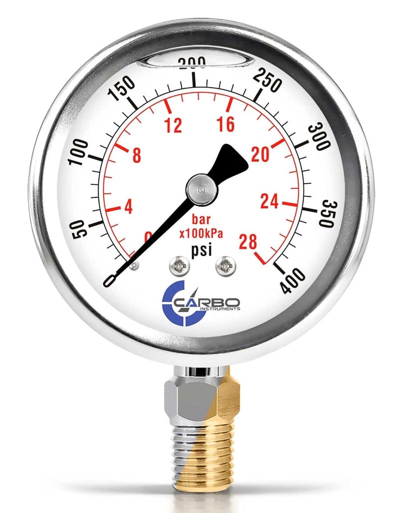 CARBO Instruments Stainless Steel Pressure Gauge Dual Display (0-400 psi/kPa) - 2 1/2" Glycerine Liquid Filled Gauge - Image 1