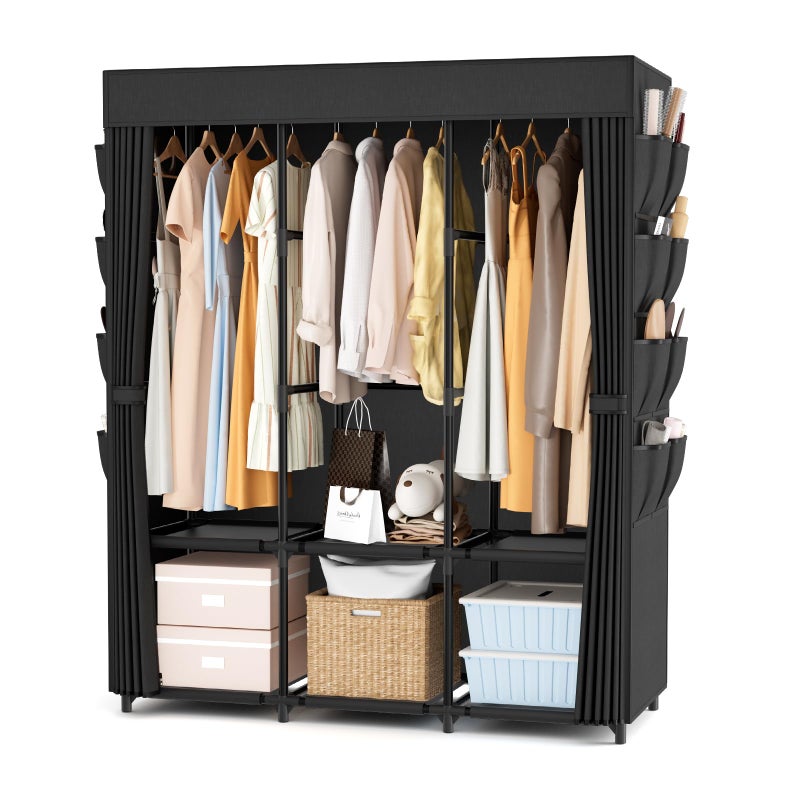 BrFoYu Wardrobe Closet Portable Closets for Hanging Clothes Large Capacity Clothes Rack with Cover, 3 Hanging Rods, 6 Shelves and 8 Pockets, Strong and Stable Free Standing Closet for Bedroom, Black - Image 1