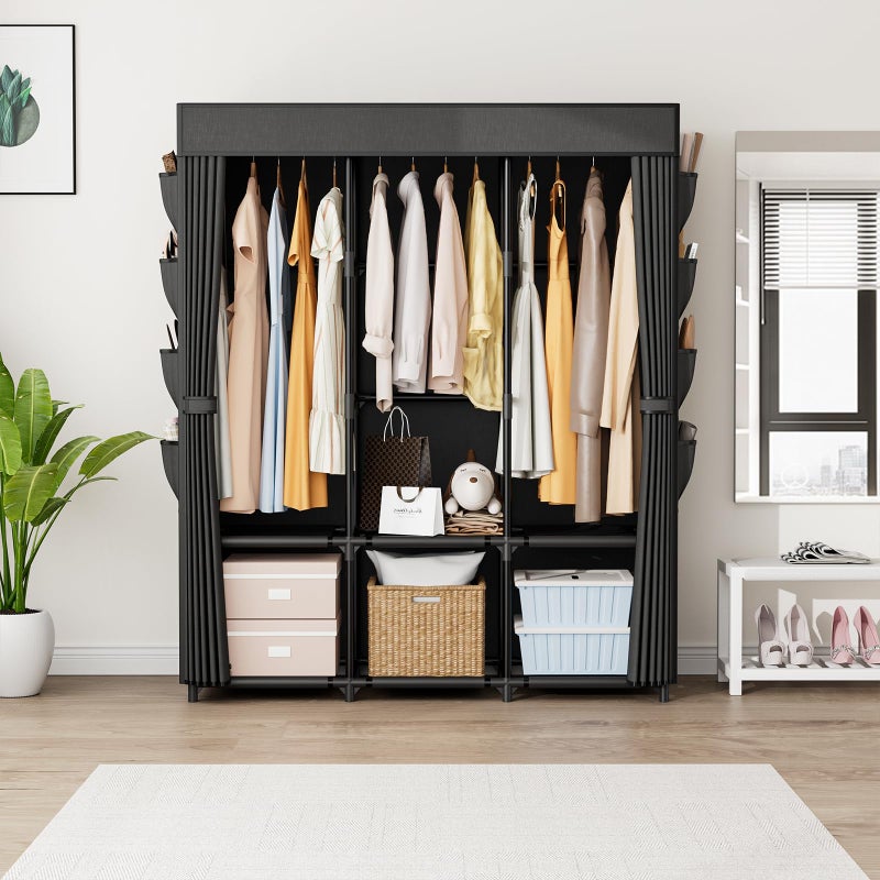BrFoYu Wardrobe Closet Portable Closets for Hanging Clothes Large Capacity Clothes Rack with Cover, 3 Hanging Rods, 6 Shelves and 8 Pockets, Strong and Stable Free Standing Closet for Bedroom, Black - Image 2