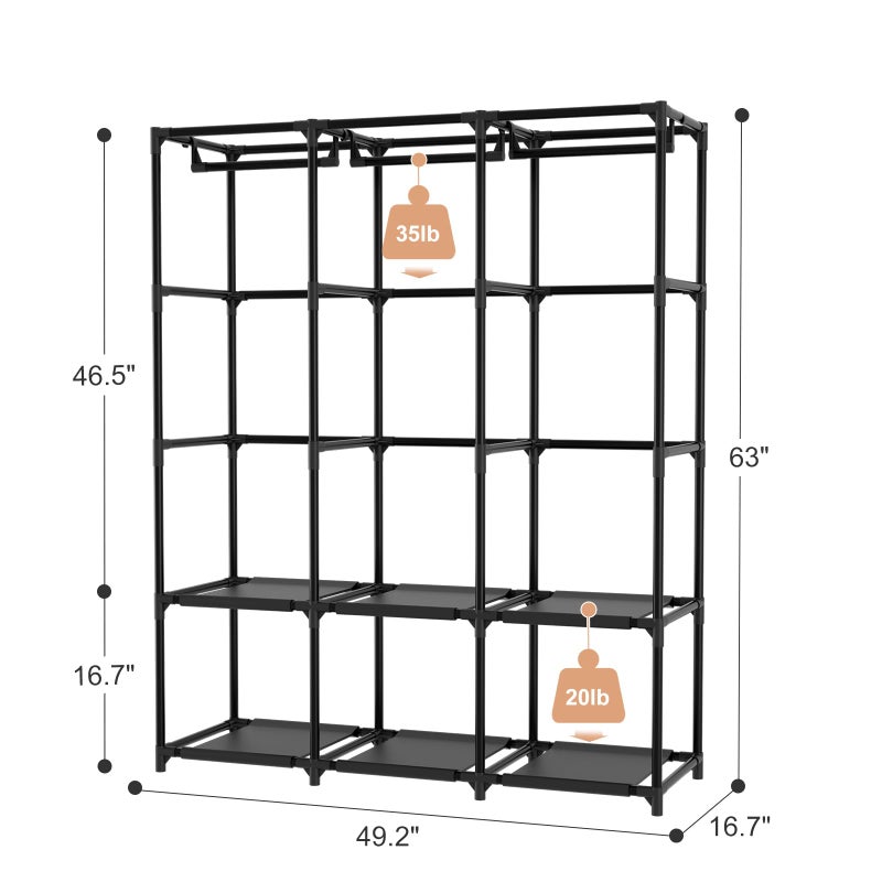 BrFoYu Wardrobe Closet Portable Closets for Hanging Clothes Large Capacity Clothes Rack with Cover, 3 Hanging Rods, 6 Shelves and 8 Pockets, Strong and Stable Free Standing Closet for Bedroom, Black - Image 3