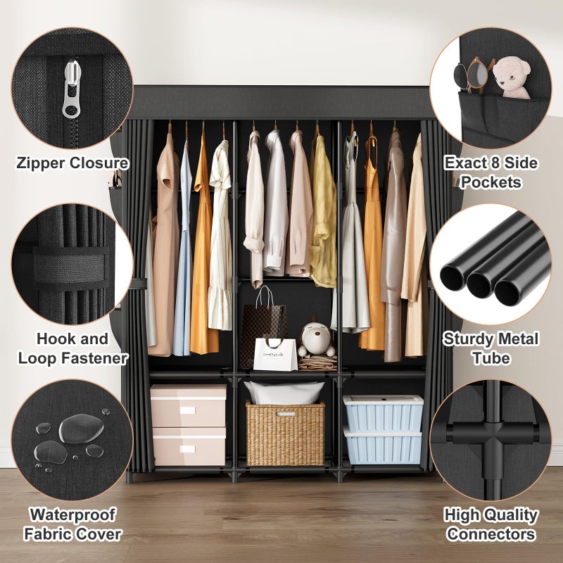 BrFoYu Wardrobe Closet Portable Closets for Hanging Clothes Large Capacity Clothes Rack with Cover, 3 Hanging Rods, 6 Shelves and 8 Pockets, Strong and Stable Free Standing Closet for Bedroom, Black - Image 4