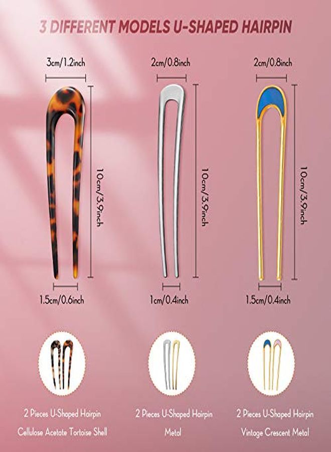 Chuangdi 6 قطع دبابيس شعر على شكل U بأسلوب فرنسي عصا شعر من قوقعة السلحفاة دبابيس شعر معدنية شوكات دبابيس للشعر ذات 2 أسنان لتسريحات الشعر للنساء والفتيات ملحقات تصفيف الشعر - Image 2
