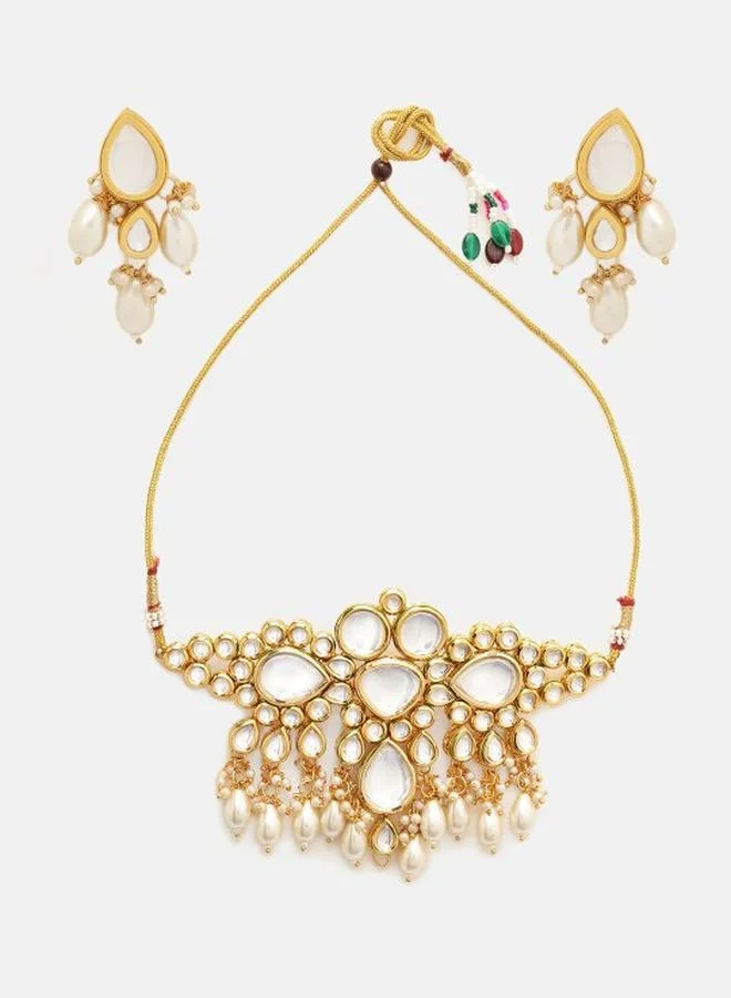 Priyaasi Kundan Stone Studded Beaded Floral Pattern Drop Earrings
