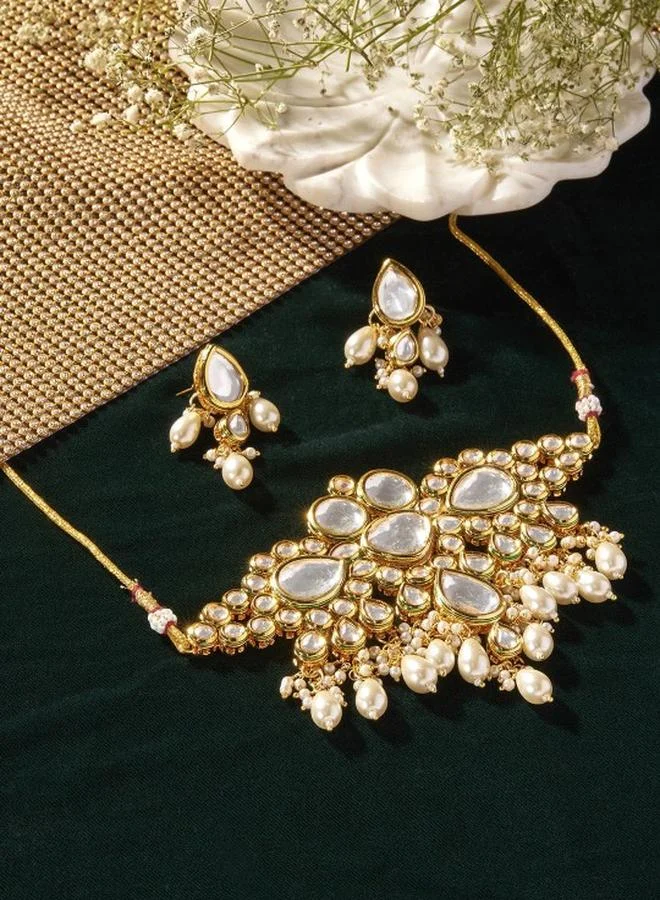 Priyaasi Kundan Stone Studded Beaded Floral Pattern Drop Earrings