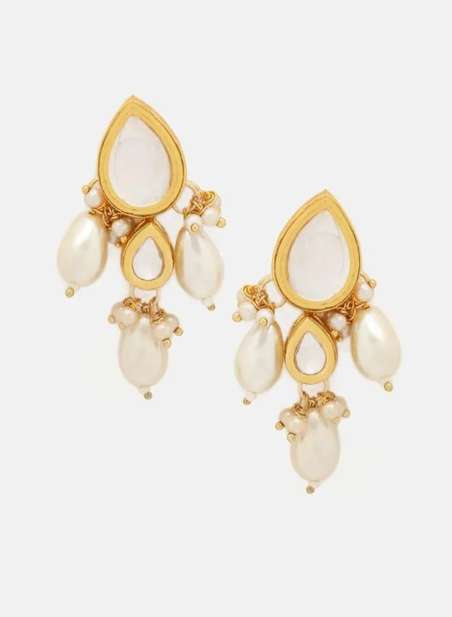 Priyaasi Kundan Stone Studded Beaded Floral Pattern Drop Earrings