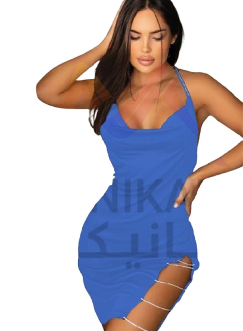 WARD Women's Nightshirt Short with a Neck Strap and Shiny Side Straps Backless Design - Image 1