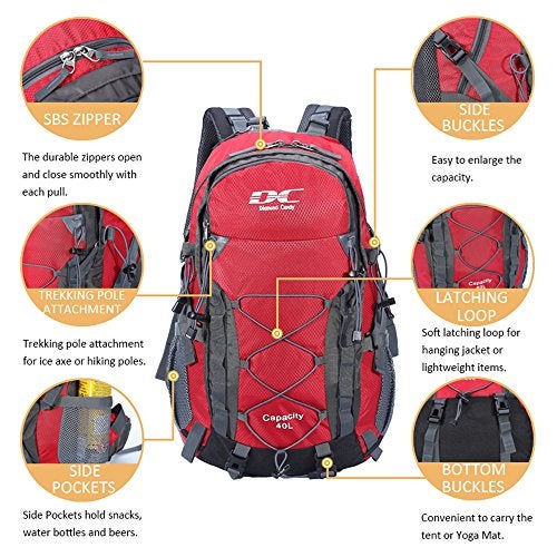 Diamond Candy Waterproof Hiking Backpack for Men and Women, Lightweight Day Pack for Travel Camping, Ruby, 40L - Image 2