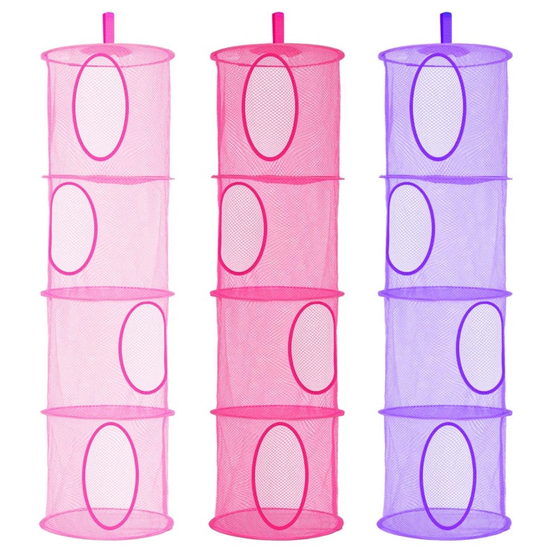 LIVEHITOP 4 Tier Teddy Storage Hanging Mesh 3 PCS Foldable Save Space Hanging Toy Basket for Kids Room Bathroom Balcony Pink Rose Purple