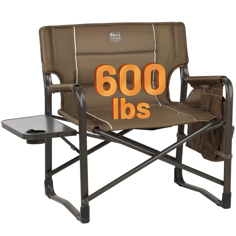 Timber Ridge TIMBER RIDGE XXL Upgraded Oversized Directors Chairs with Foldable Side Table Detachable Side Pocket Heavy Duty Folding Camping Chair up to 600 Lbs Weight Capacity Brown Ideal Gift