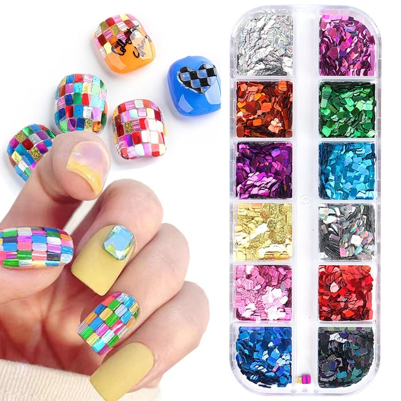 Square Glitter Nail Art Sequins 12 Colors Rectangle Glitters Flakes Design Holographic 3D Sparkly Acrylic Nails Supplies for Women Girls Manicure Powder Charms Decorations DIY Shiny Nail Art Tips