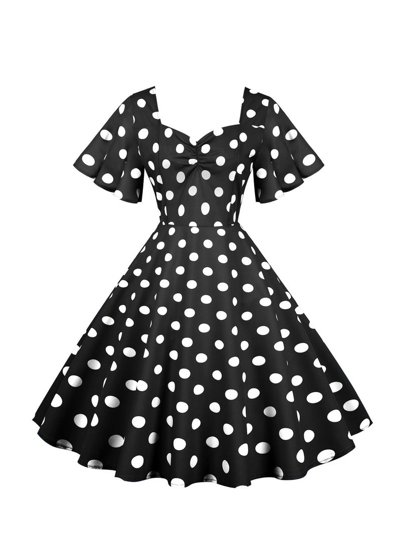 Loquat Vintage Wave Swing Short Sleeve Wave Dot Mid length Large Swing Skirt Black  - Image 1