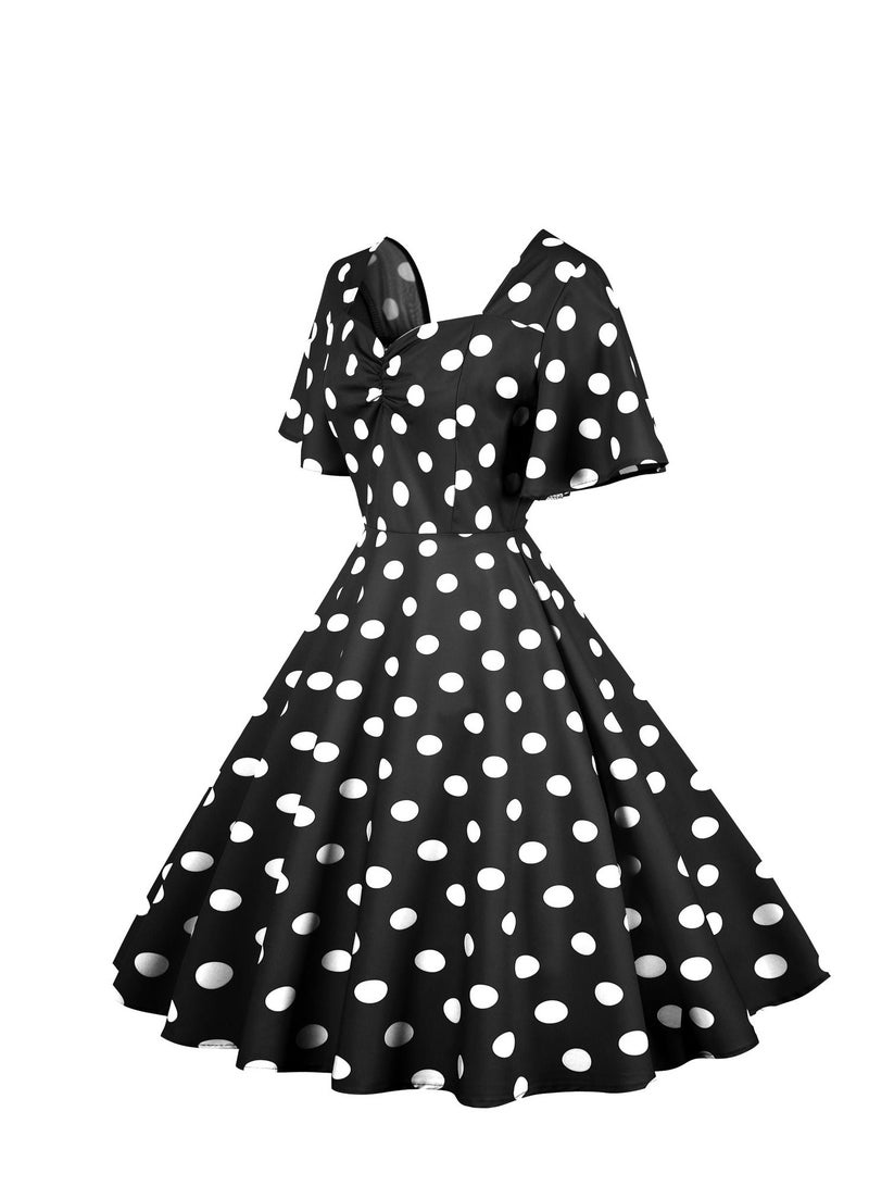 Loquat Vintage Wave Swing Short Sleeve Wave Dot Mid length Large Swing Skirt Black  - Image 2