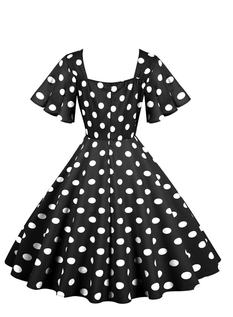 Loquat Vintage Wave Swing Short Sleeve Wave Dot Mid length Large Swing Skirt Black  - Image 3